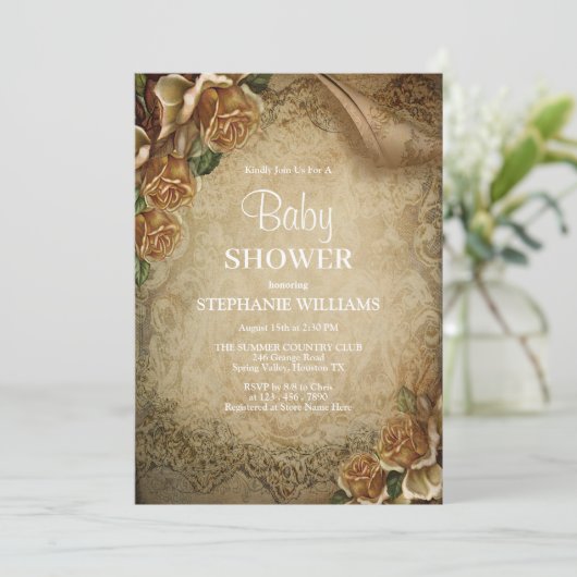 Elegant gouden Rozen & Damask Baby shower Kaart (Staand voorkant)