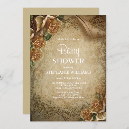 Elegant gouden Rozen & Damask Baby shower Kaart (Voorkant / Achterkant)