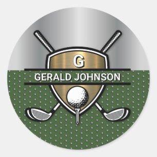 Elegant Gouden Schild Golf Monogram Ontwerp Ronde Sticker