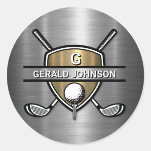 Elegant Gouden Schild Golf Monogram Ontwerp Ronde Sticker