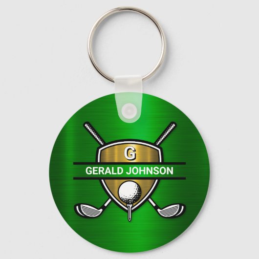 Elegant Gouden Schild Golf Monogram Ontwerp Sleutelhanger (Voorkant)