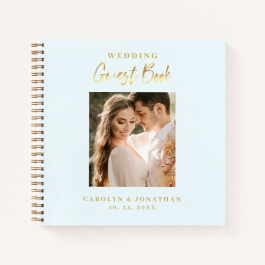 Elegant gouden schrift luchtblauw trouwgastenboek notitieboek (Voorkant)