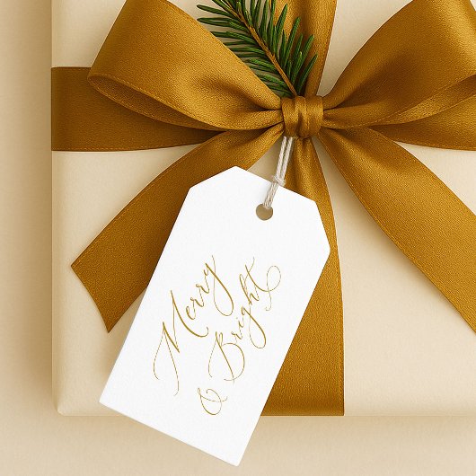Elegant gouden schrift “Merry & Bright” Kerstmis Cadeaulabel