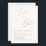 Elegant Gouden Schrift | Minimalistische Klassieke Save The Date<br><div class="desc">Maak uw huwelijk bekend in tijdloze stijl met deze elegante "Save the Date"-kaart. Ontworpen met een witte achtergrond en een verfijnd goudkleurig schrift, biedt deze een strakke, moderne uitstraling die perfect is voor formele, traditionele of minimalistische bruiloften. De goudkleurige tekst is een gedrukt effect, geen echte folie, wat de illusie...</div>