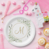 Elegant Gouden Schrift Monogram Groene Bladeren Papieren Bordje (Feest)