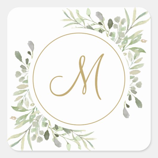 Elegant Gouden Schrift Monogram Groene Bladeren Vierkante Sticker (Voorkant)