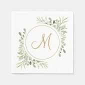 Elegant Gouden Schrift Monogram Groenelementen Servet (Voorkant)