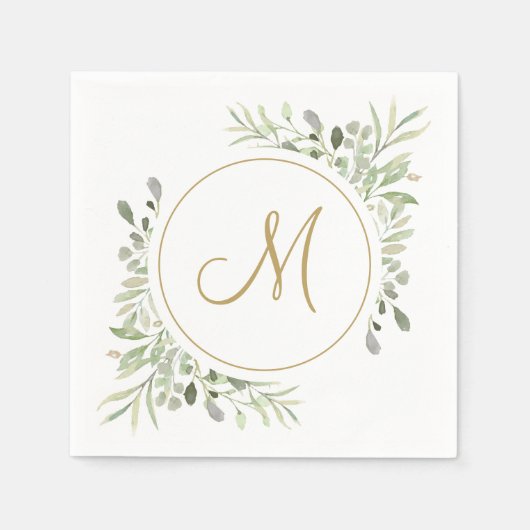 Elegant Gouden Schrift Monogram Groenelementen Servet (Voorkant)