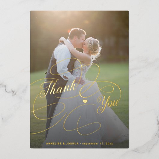 Elegant gouden script 2 foto bruiloft dank u kaart (Voorkant)