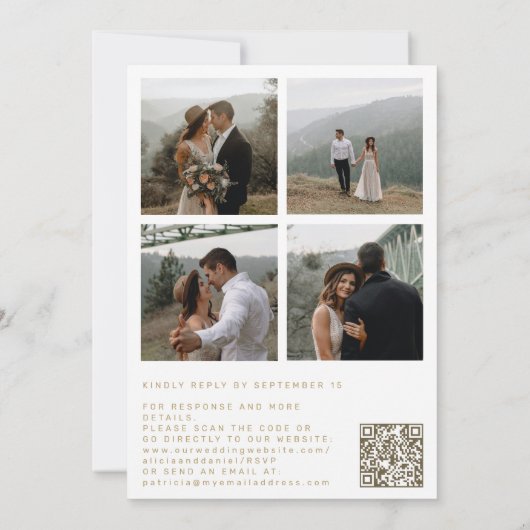 Elegant gouden script 4 foto's QR code RSVP bruilo Kaart (Achterkant)