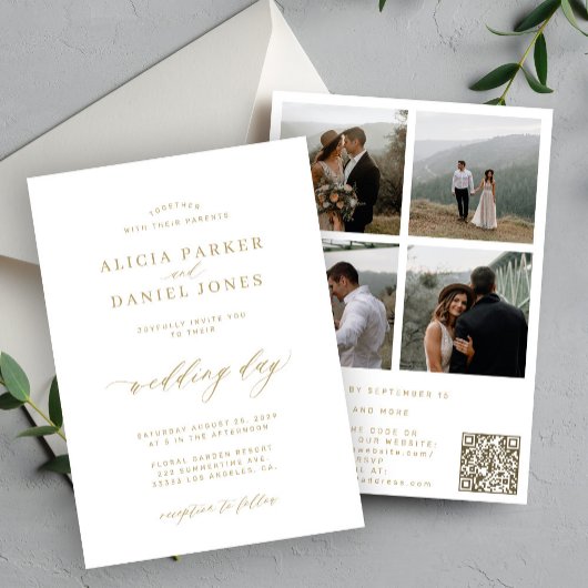 Elegant gouden script 4 foto's QR code RSVP bruilo Kaart