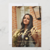 Elegant gouden script afstuderen 2 foto afstuderen bedankkaart (Voorkant)