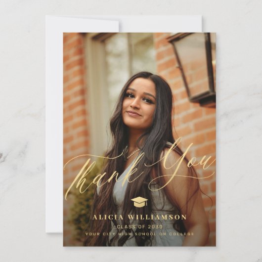 Elegant gouden script afstuderen 2 foto afstuderen bedankkaart (Voorkant)