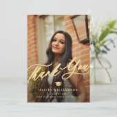 Elegant gouden script afstuderen 2 foto afstuderen bedankkaart (Staand voorkant)