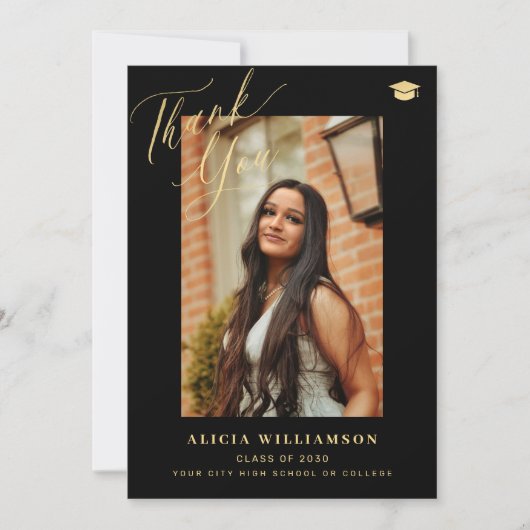 Elegant gouden script afstuderen foto afstuderen bedankkaart (Voorkant)