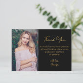 Elegant gouden script afstuderen foto zwart bedankkaart (Staand voorkant)