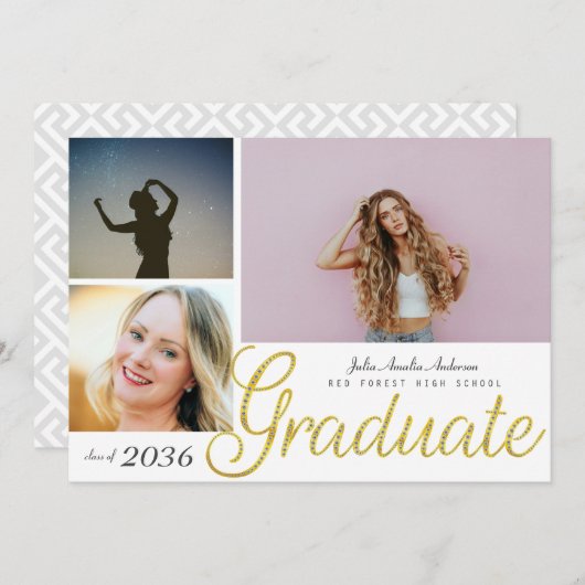 Elegant gouden script bedekken drie foto Afstudere Aankondiging (Voorkant / Achterkant)