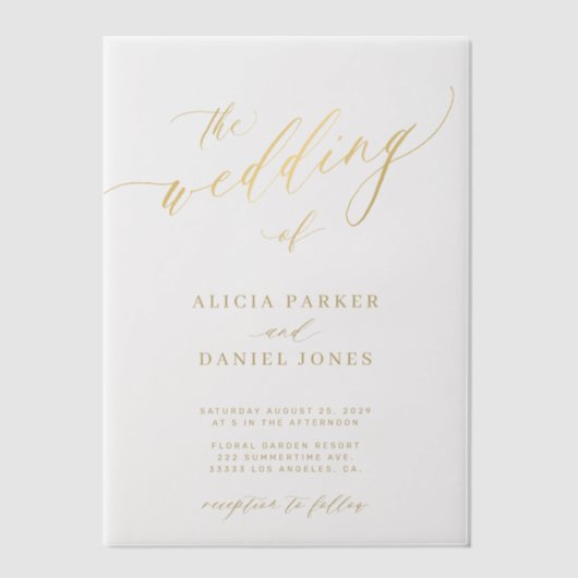 Elegant gouden script eenvoudige moderne bruiloft vellum uitnodigingen (Voorkant)