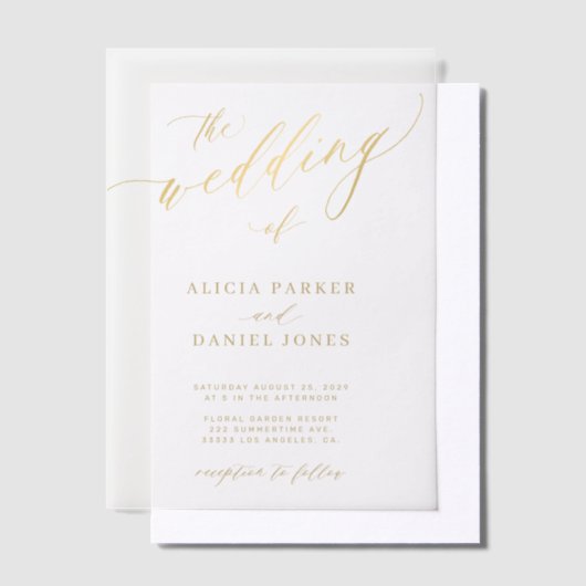 Elegant gouden script eenvoudige moderne bruiloft vellum uitnodigingen (Offset)