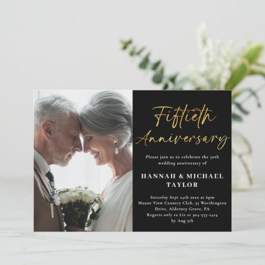 Elegant gouden script foto 50ste bruiloft Jubileum Kaart (Staand voorkant)