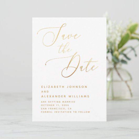 Elegant gouden script | Minimalistische klassieke  Save The Date (Staand voorkant)