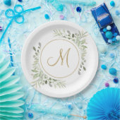 Elegant Gouden Script Monogram Groenelementen Papieren Bordje (Feest)