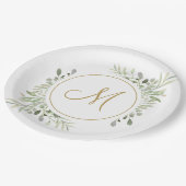 Elegant Gouden Script Monogram Groenelementen Papieren Bordje (Gekanteld)