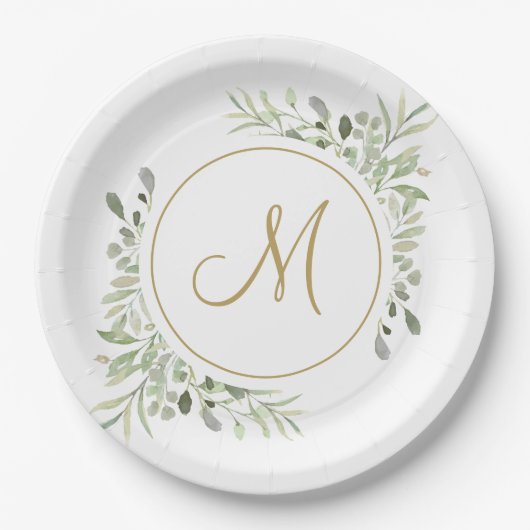 Elegant Gouden Script Monogram Groenelementen Papieren Bordje (Voorkant)