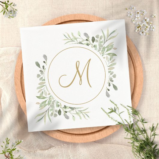 Elegant Gouden Script Monogram Groenelementen Servet