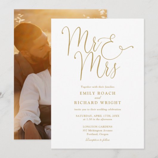 Elegant gouden script Mr en Mrs Photo Wedding Kaart (Voorkant / Achterkant)