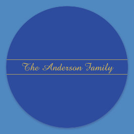 Elegant gouden script op de blauwe achtergrond van ronde sticker