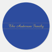 Elegant gouden script op de blauwe achtergrond van ronde sticker (Voorkant)