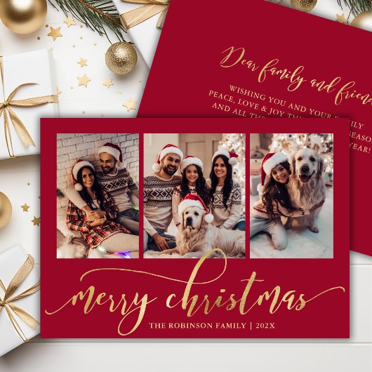 Elegant gouden script rood 3 foto collage kerst feestdagenkaart
