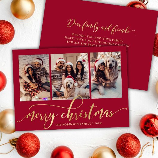 Elegant gouden script rood 3 foto collage kerst feestdagenkaart