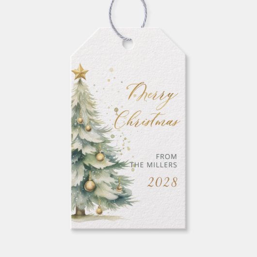 Elegant gouden script Waterverf kerstboom Cadeaulabel (Voorkant)