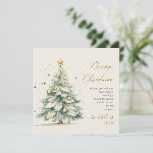 Elegant gouden script Waterverf kerstboom Feestdagenkaart (Staand voorkant)