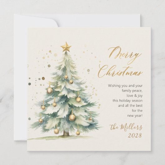 Elegant gouden script Waterverf kerstboom Feestdagenkaart (Voorkant)