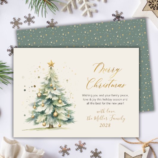 Elegant gouden script Waterverf kerstboom Feestdagenkaart