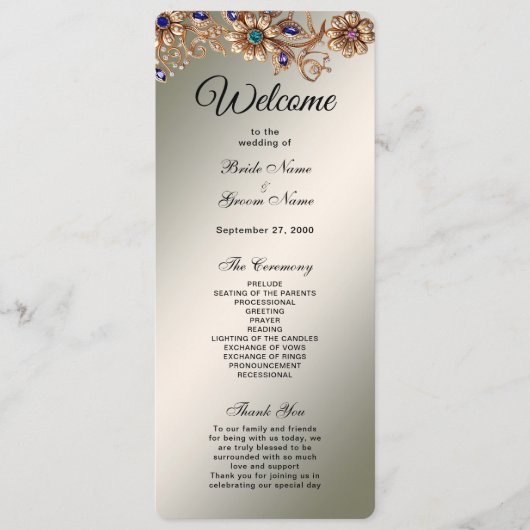 Elegant Gouden Sieraden Bloemen Huwelijksprogramma Programmakaart (Voorkant)