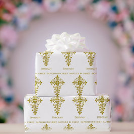 Elegant Gouden Sierkruis Doop Cadeaupapier