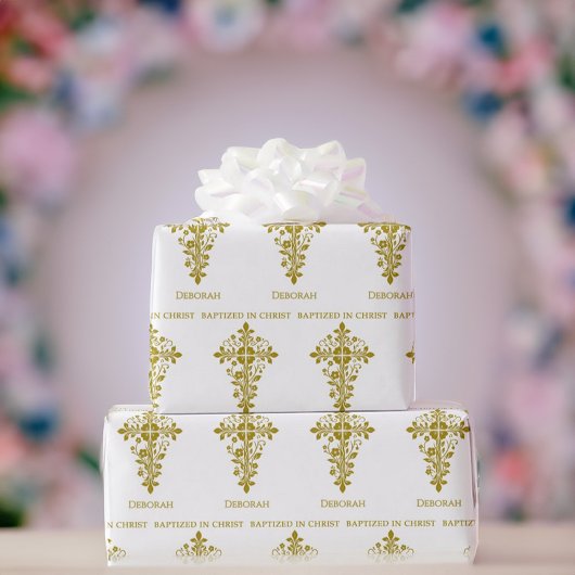 Elegant Gouden Sierkruis Doop Cadeaupapier