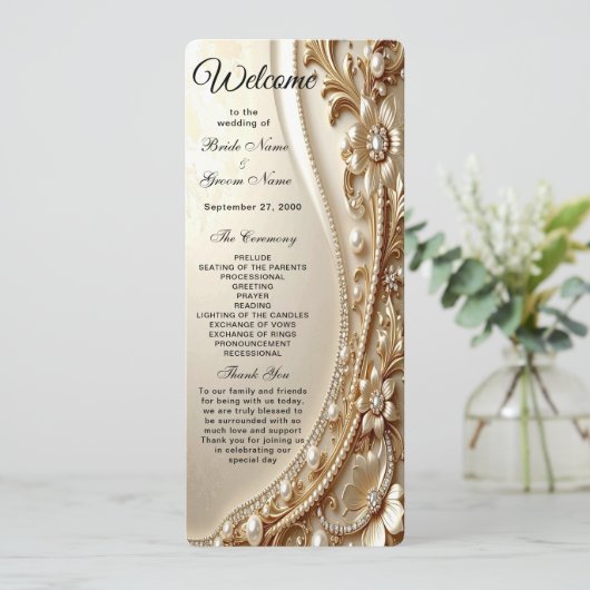 Elegant gouden sierlijk bloem bruiloftsprogramma programmakaart (Staand voorkant)