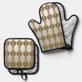Elegant Gouden Sierlijk Ovenwant & Pannenlap Set