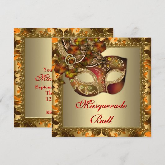 Elegant gouden Sinaasappel rode maskerade partij Kaart (Voorkant / Achterkant)