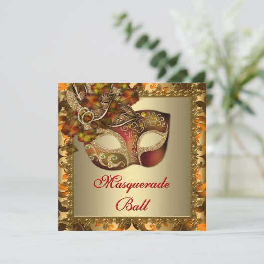 Elegant gouden Sinaasappel rode maskerade partij Kaart (Staand voorkant)