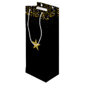 Elegant gouden ster en confetti in zwart wijn cadeautas (Achterkant Gekanteld)