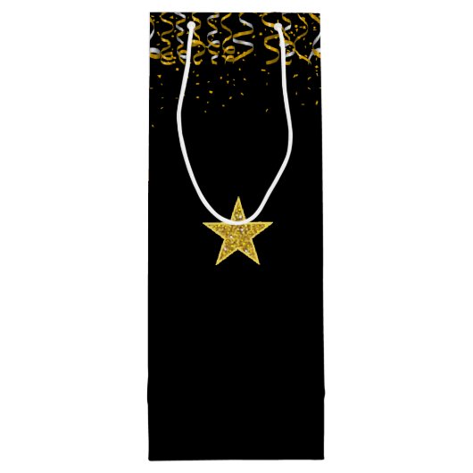 Elegant gouden ster en confetti in zwart wijn cadeautas (Achterkant)