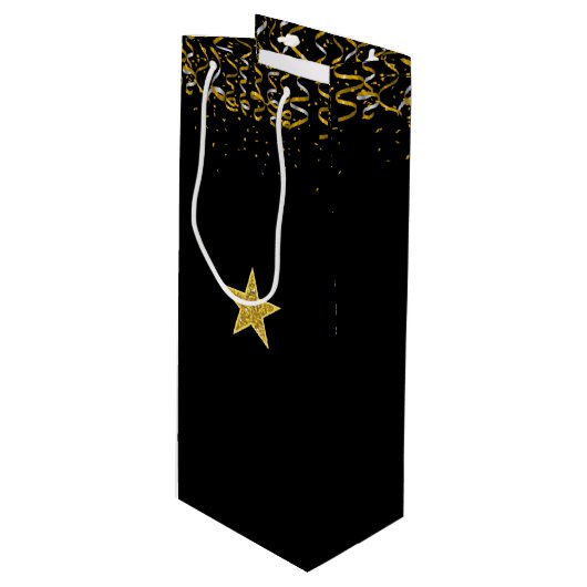 Elegant gouden ster en confetti in zwart wijn cadeautas (Voorkant Gekanteld)