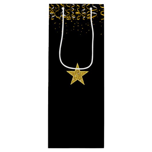 Elegant gouden ster en confetti in zwart wijn cadeautas (Voorkant)