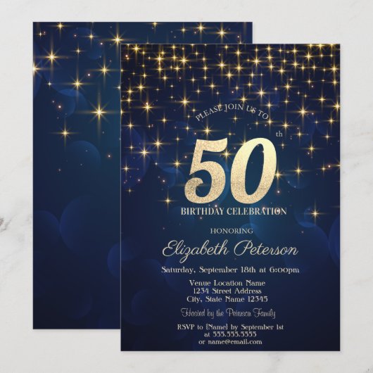 Elegant Gouden Sterren Marine Blauw 50ste Verjaard Kaart (Voorkant / Achterkant)